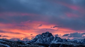 mountains, sunset, peaks, snowy, sky, clouds, Italy
