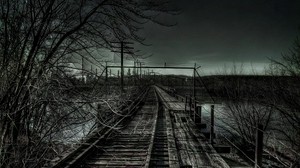 rails, railway, bushes, gloomy, gray