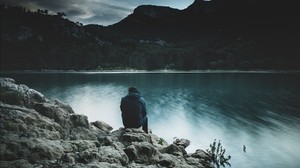 man, mountains, lake, landscape - wallpaper, background, image