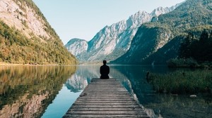 man, pier, loneliness, mountains, silence - wallpaper, background, image