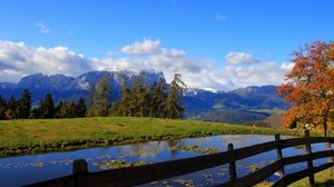 fencing, mountains, landscape, water, river, trees, hills - wallpaper, background, image