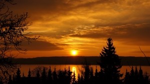 sunset, trees, sky, river - wallpaper, background, image